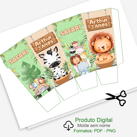 Molde Caixinha de pipoca para aniversario infantil Safari Divertido 