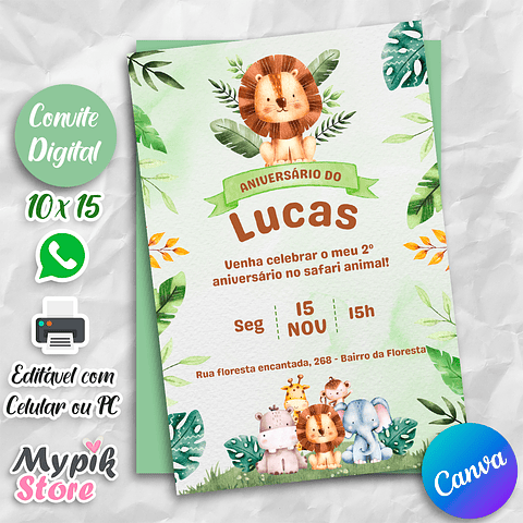Convite Digital Safari - Editável com Canva