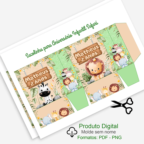Molde A4 sacolinha de aniversário infantil safari