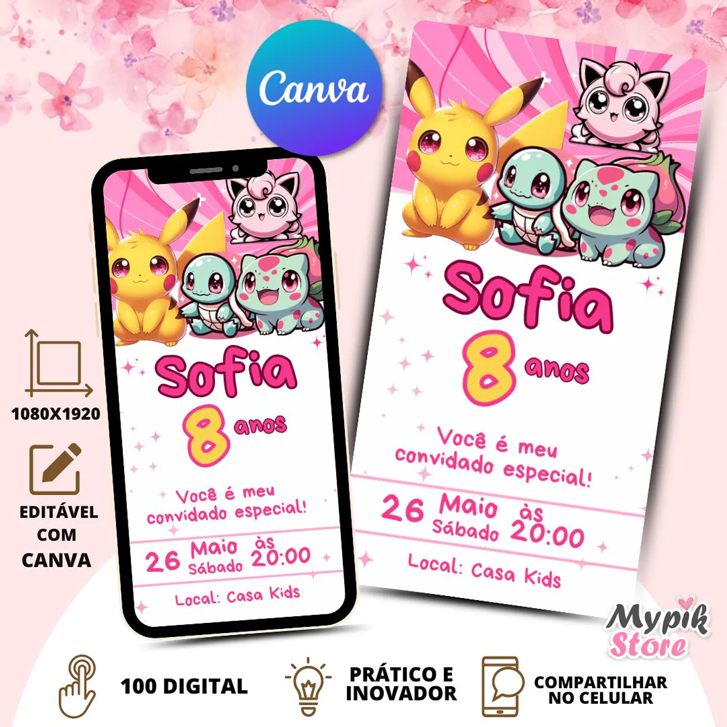 Convite Digital Pokémon Rosa - Editável com Canva 1