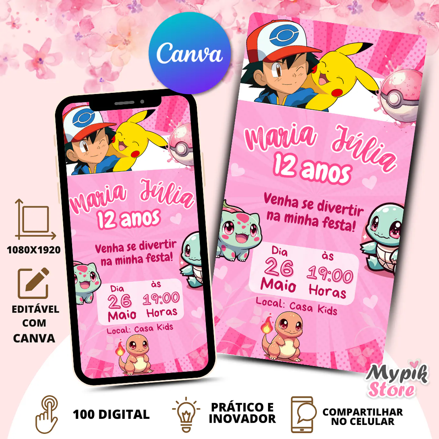 Convite Digital Pokémon Rosa 04 - Editável com Canva  1