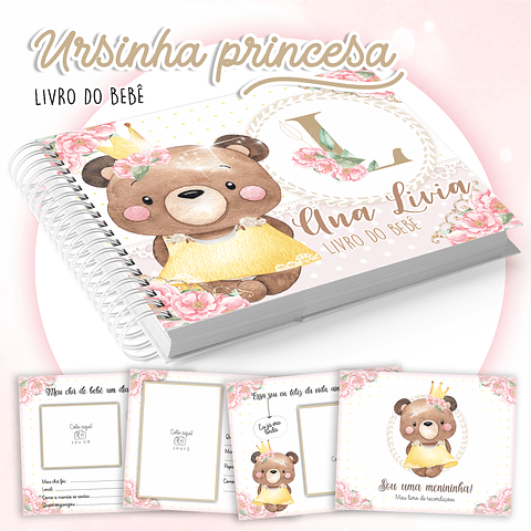 Kit Digital Caderneta e Livro do bebê Ursinha Princesa 