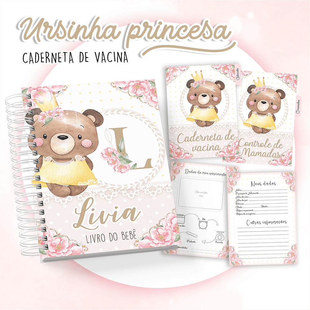 Kit Digital Caderneta e Livro do bebê Ursinha Princesa 