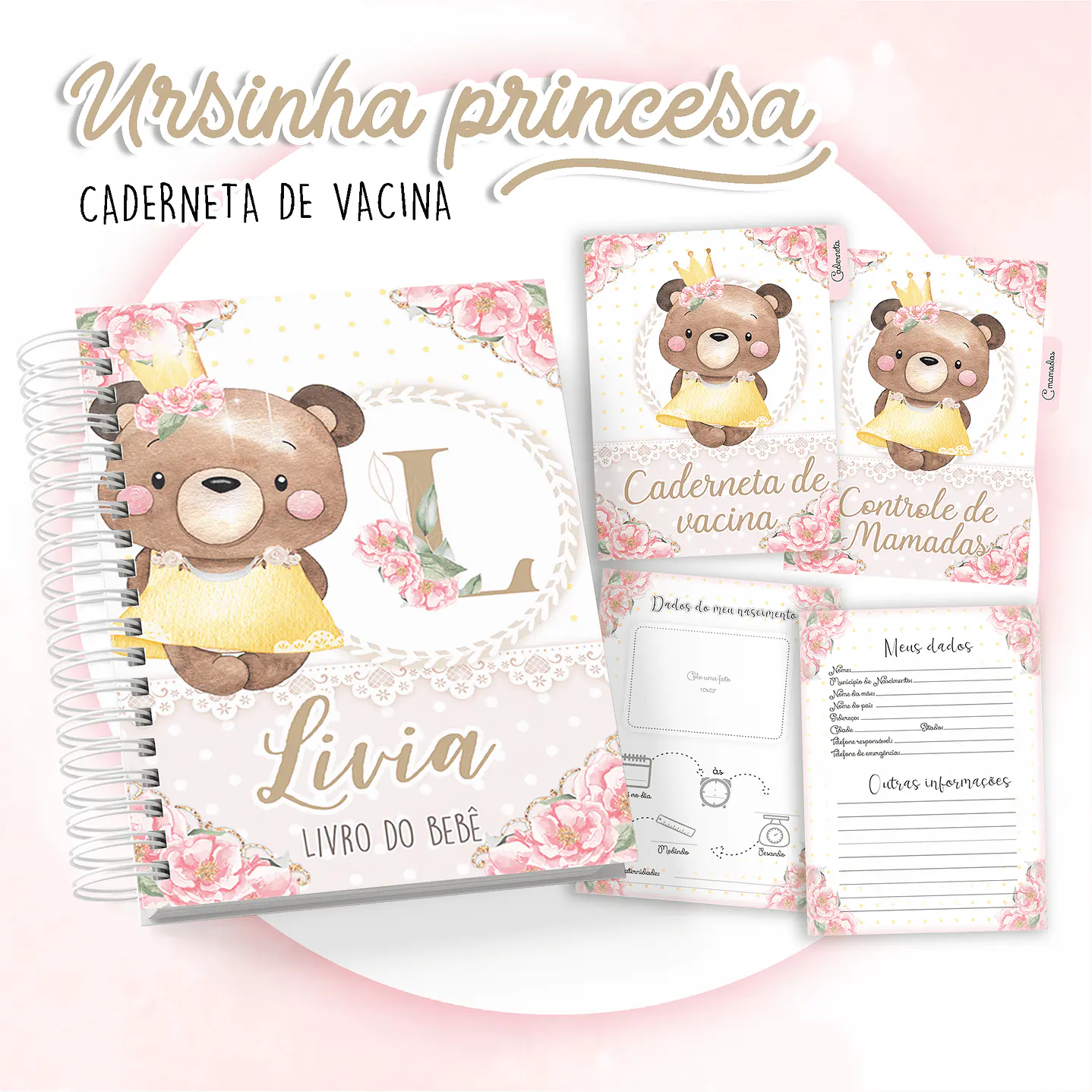 Kit Digital Caderneta e Livro do bebê Ursinha Princesa  1
