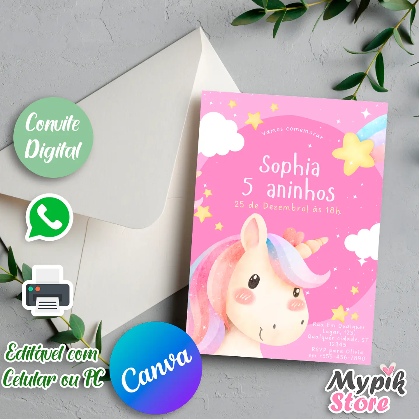 Convite Digital Unicórnio Rosa - Editável com Canva 3