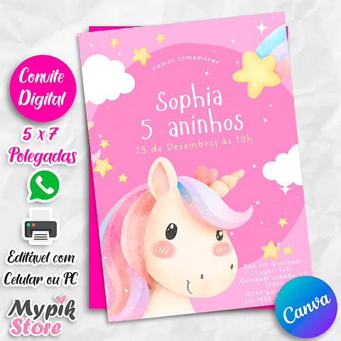 Convite Digital Unicórnio Rosa - Editável com Canva