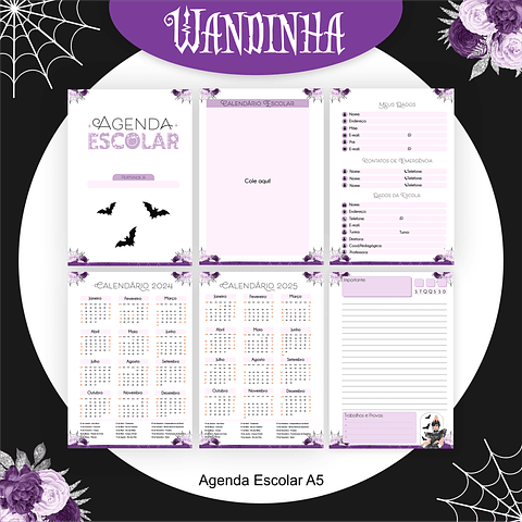 Kit Digital Encadernação Wandinha  - Volta às Aulas Completo