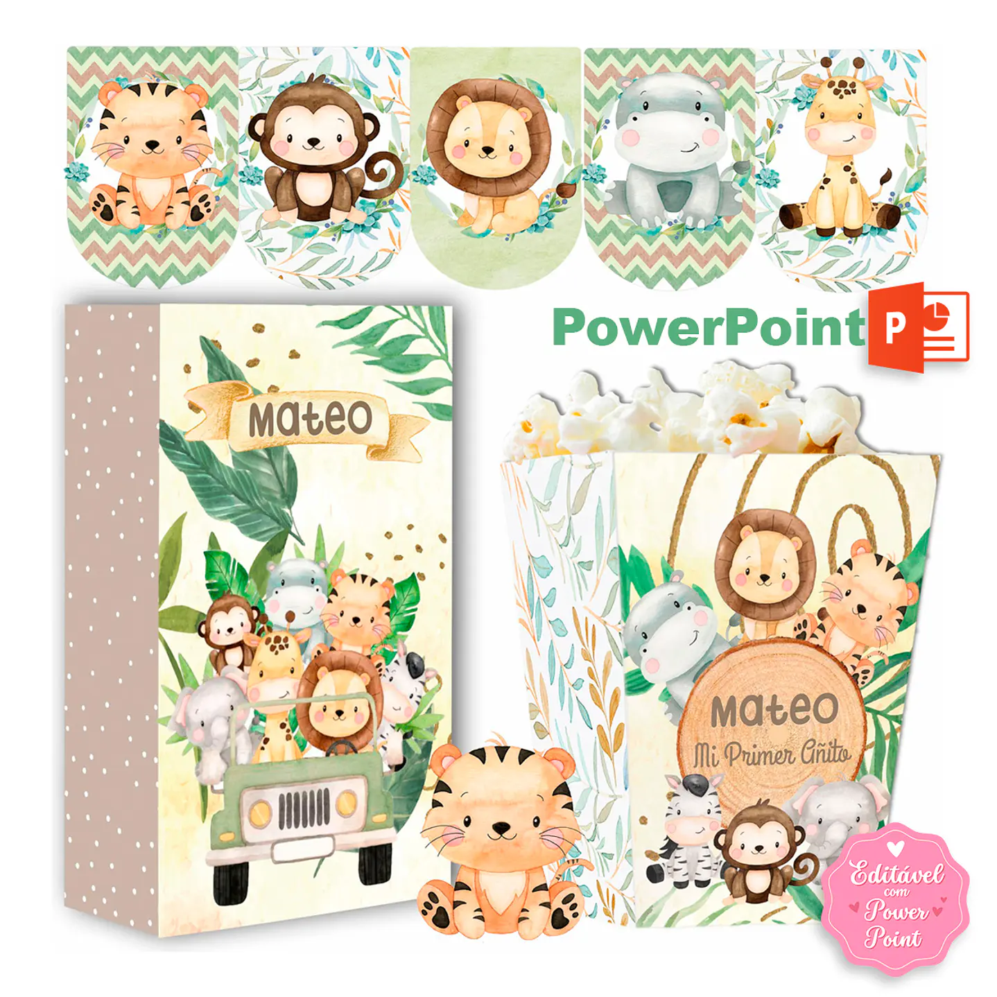 Kit Festa Safari Aquarela Texto editável com Powerpoint  1