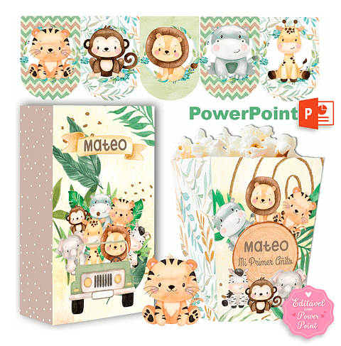 Kit Festa Safari Aquarela Texto editável com Powerpoint 
