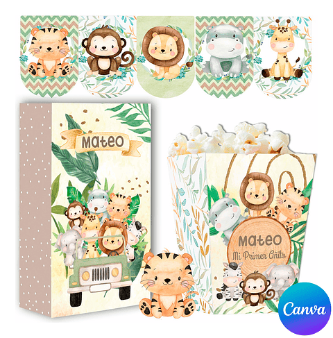 Kit Festa Safari Aquarela Texto editável com Canva