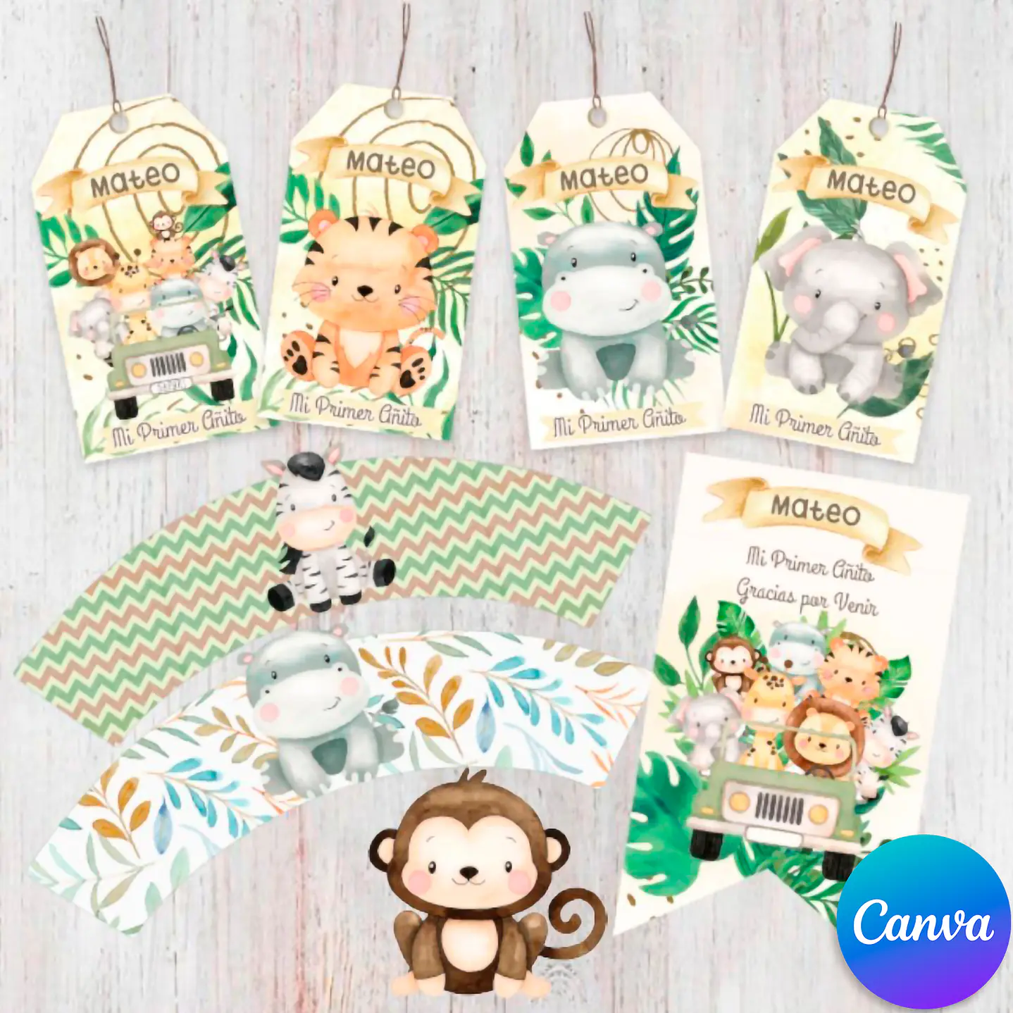 Kit Festa Safari Aquarela Texto editável com Canva 3