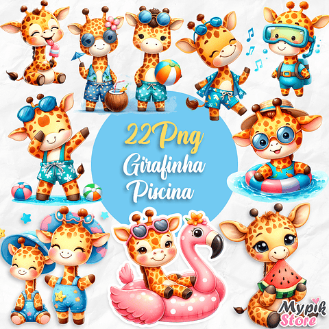 Kit Digital Girafinha Cute Piscina Imagens PNG