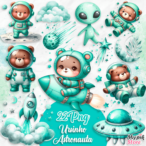 Kit Digital Ursinho Astronauta Verde Aquarela 