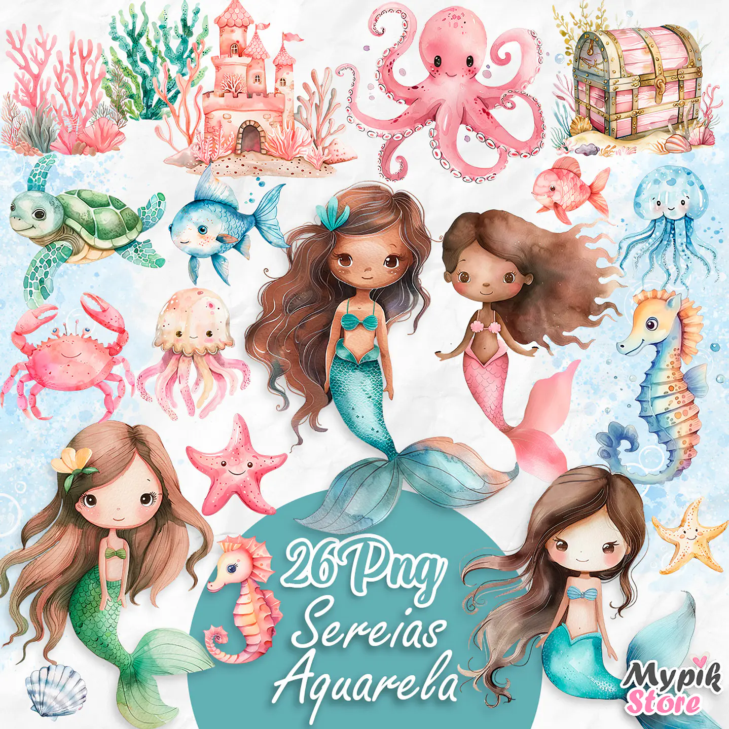 Kit Digital Sereias Aquarela imagens png 1
