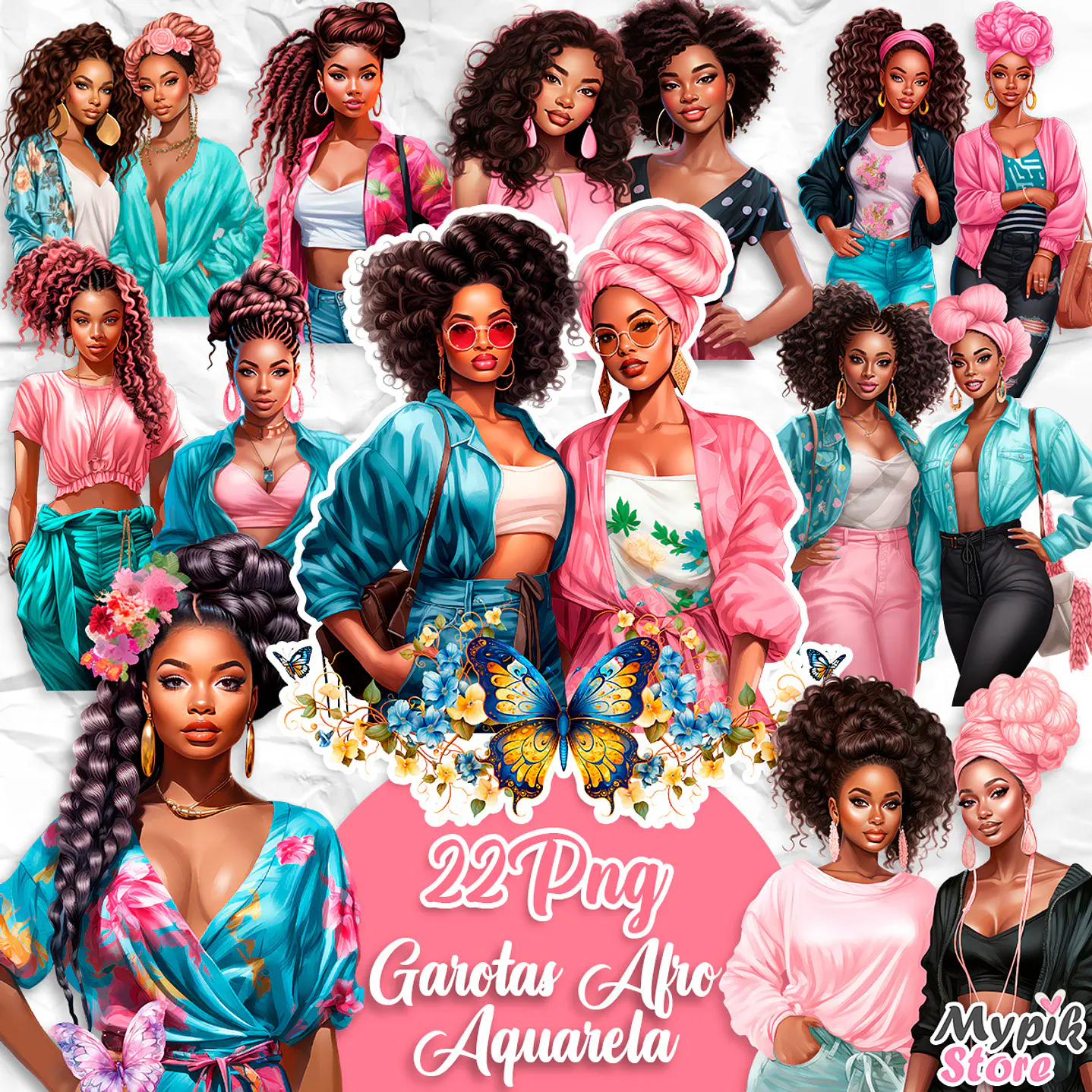  Kit Digital Garotas Afro Aquarela Imagens PNG 1
