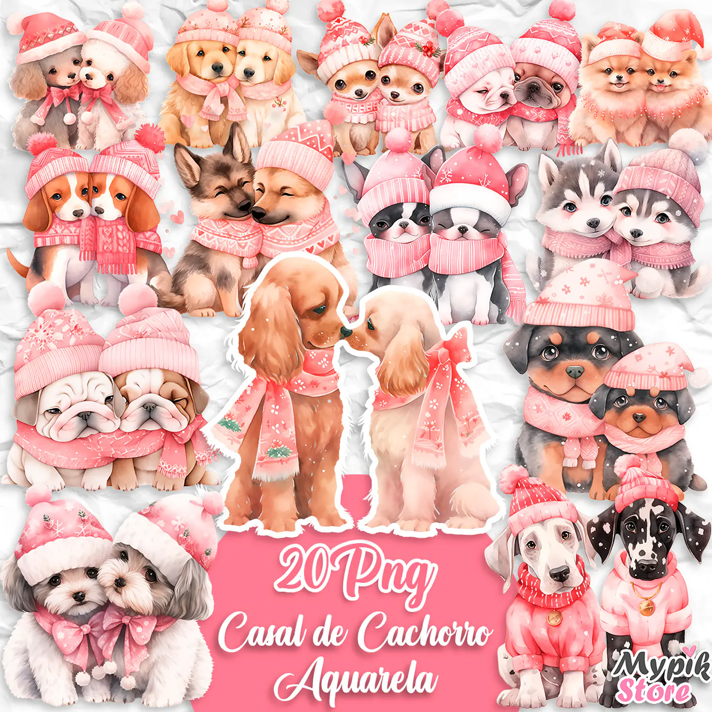 Kit Digital Aquarela Casal de Cachorros dia dos Namorados 1