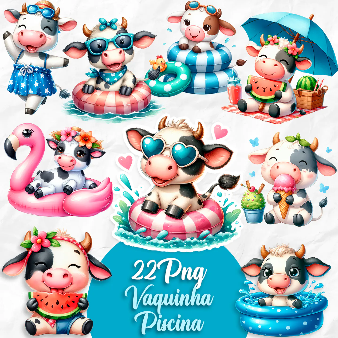  Kit Digital Vaquinha Cute Piscina Imagens Png 1