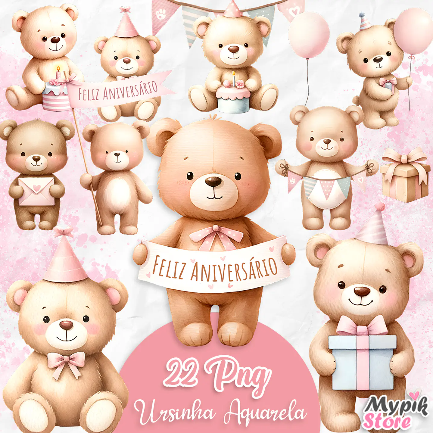 Kit Digital Ursinha Rosa Feliz Aniversário Aquarela  1