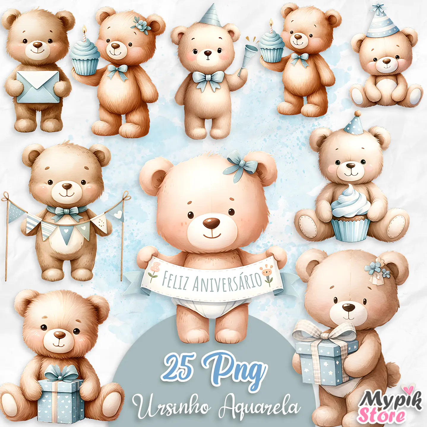 Kit Digital Ursinho Azul Feliz Aniversário Aquarela 1