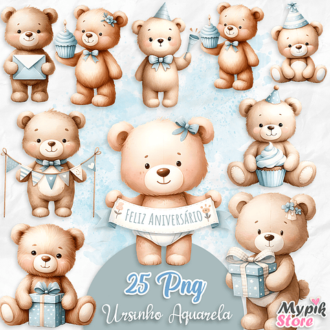 Kit Digital Ursinho Azul Feliz Aniversário Aquarela