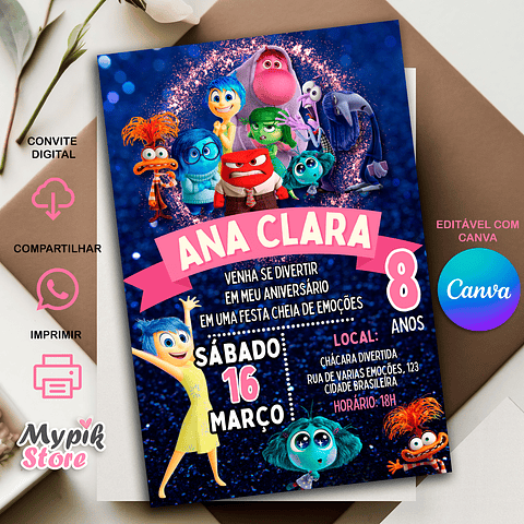 Convite Digital Divertida Mente 2 - Editável com Canva 