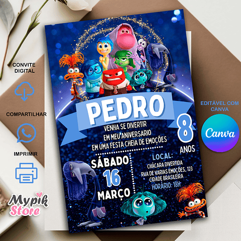 Convite Digital Divertida Mente 2 - Editável com Canva   