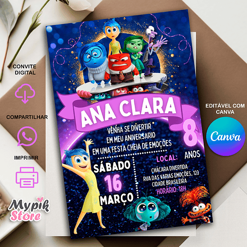 Convite Digital Divertida Mente 2 - Editável com Canva 