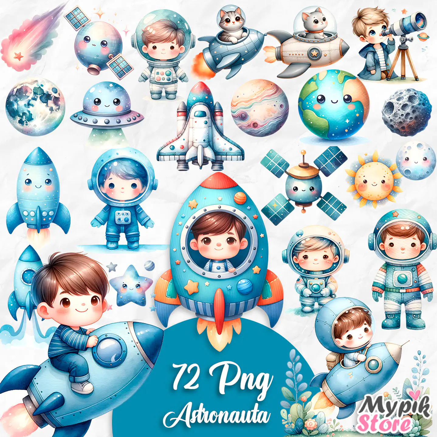 Kit Digital Astronauta Aquarela PNG 1