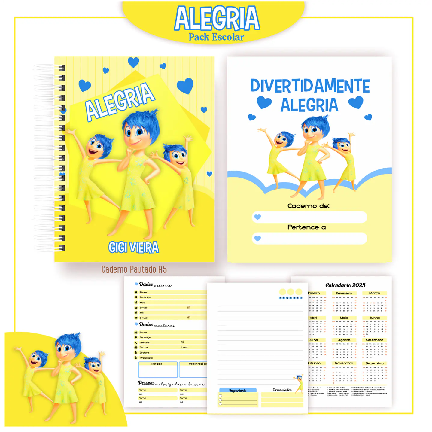 Kit Digital Encadernação Divertida mente 2 Alegria - Volta às Aulas  1