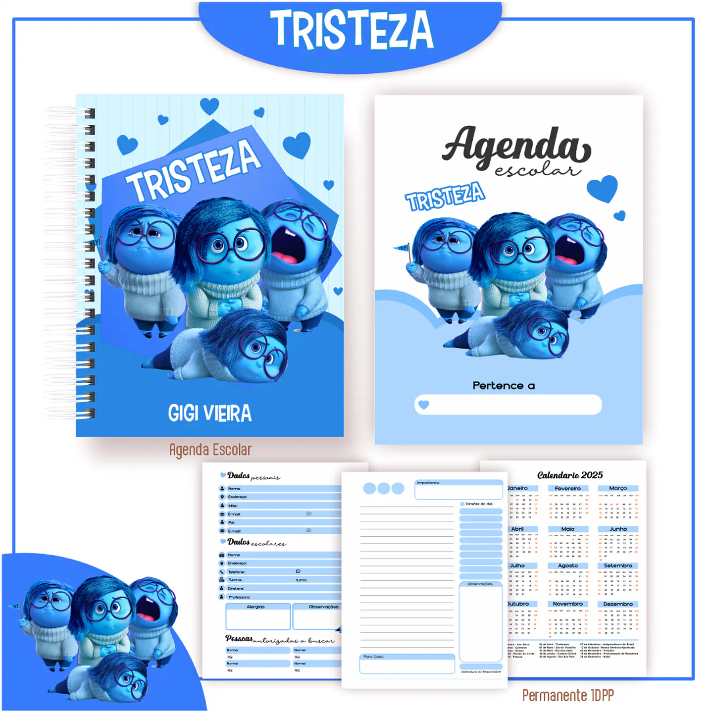 Kit Digital Encadernação Divertida Mente 2 - Tristeza - Volta ás Aulas 2