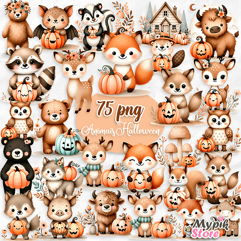 Kit Digital Animais da Floresta Outono Halloween Aquarela