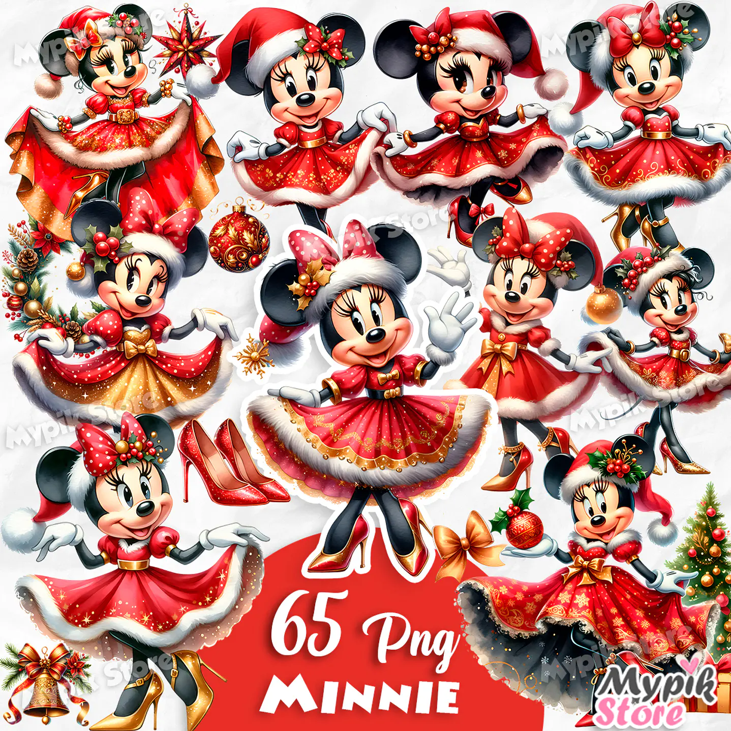 Kit Digital Minnie Vermelha Natal Aquarela imagens PNG 2