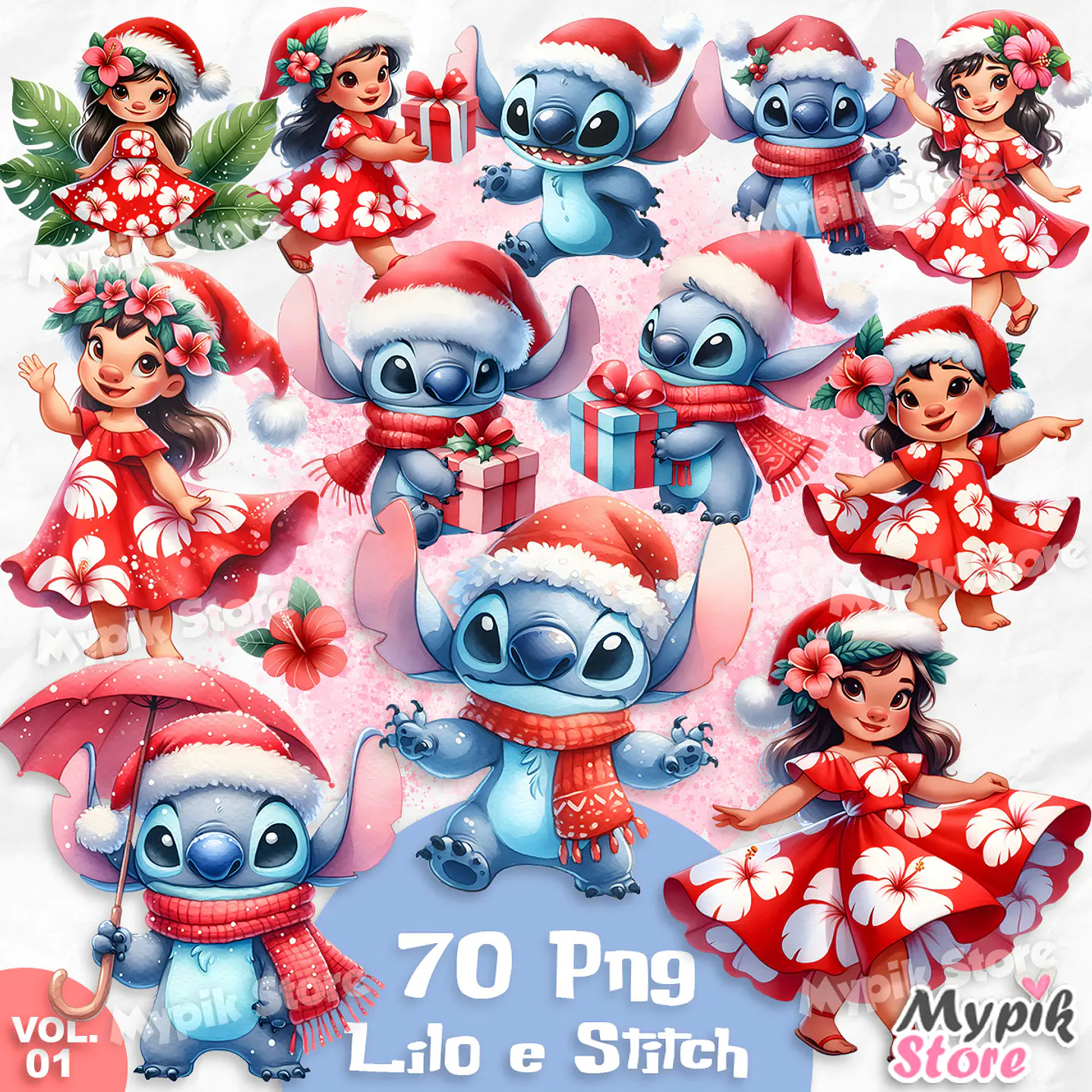 Kit Digital Lilo & Stitch Natal Aquarela Imagens PNG  1