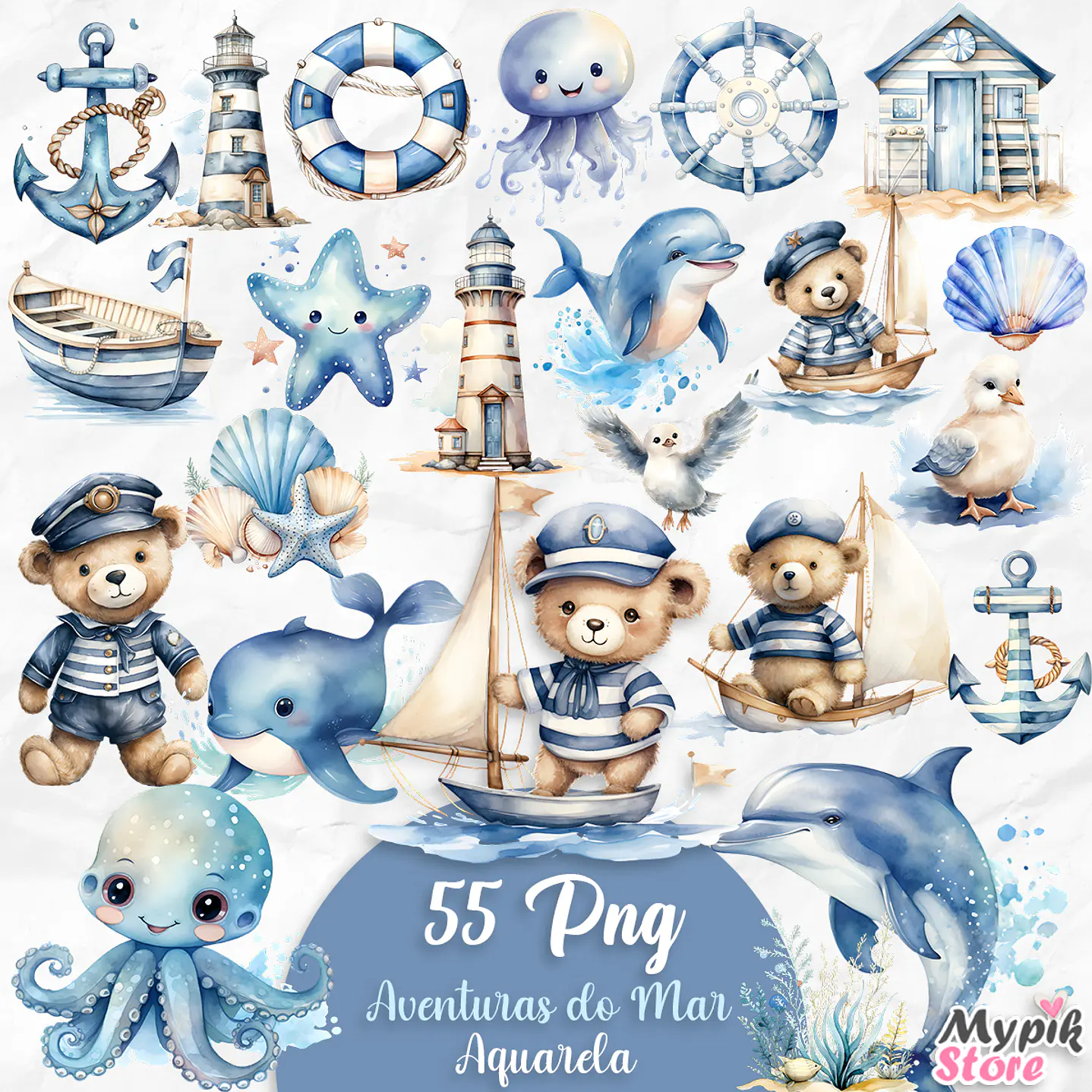 Kit Digital Aventuras no Mar Ursinho Marinheiro Azul Aquarela 1
