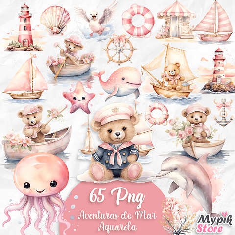 Kit Digital Aventuras no Mar Ursinha Marinheira Rosa Aquarela 