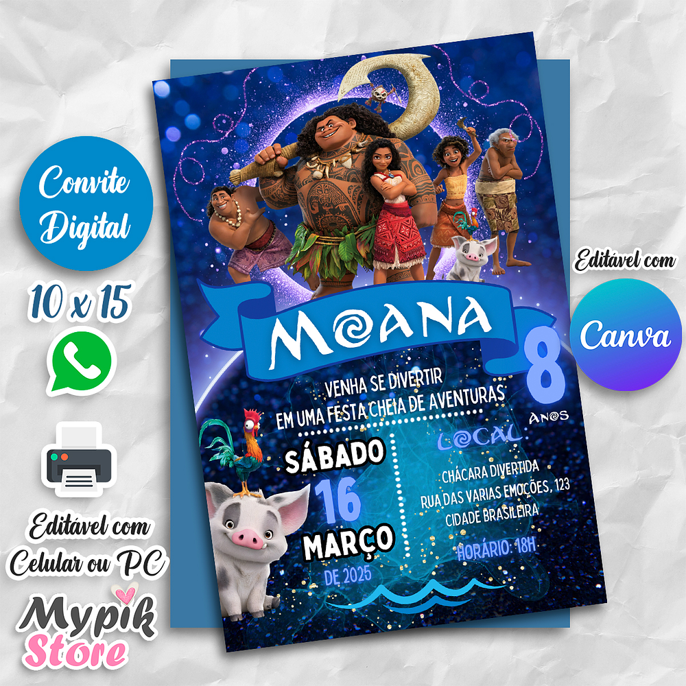 Convite Digital Moana 2 - Editável com Canva