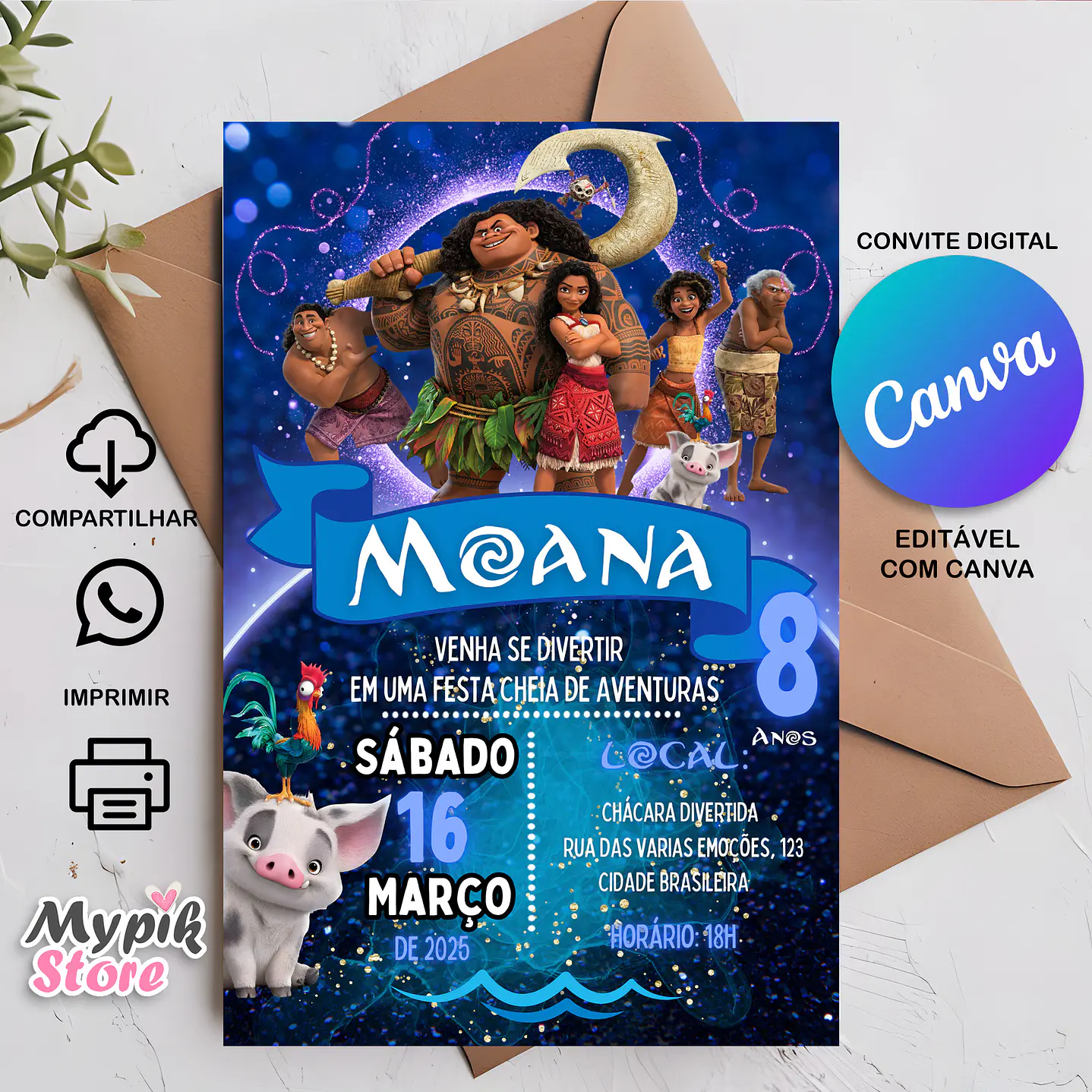 Convite Digital Moana 2 - Editável com Canva 1