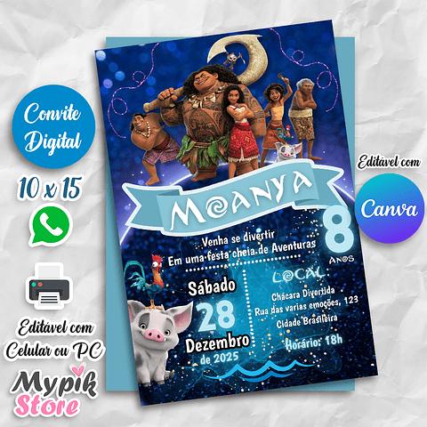 Convite Digital Moana 2 - Editável com Canva 