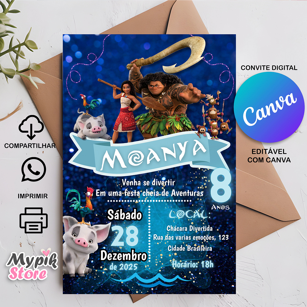 Convite Digital Moana 2 - Editável com Canva 