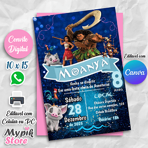 Convite Digital Moana 2 - Editável com Canva 