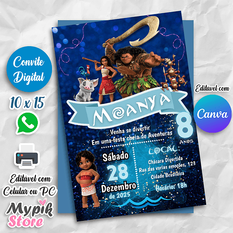 Convite Digital Moana 2 - Editável com Canva  