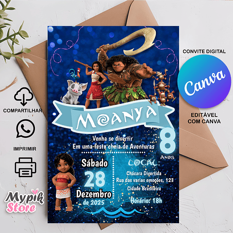 Convite Digital Moana 2 - Editável com Canva  