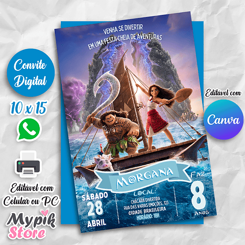 Convite Digital Moana 2 - Editável com Canva   