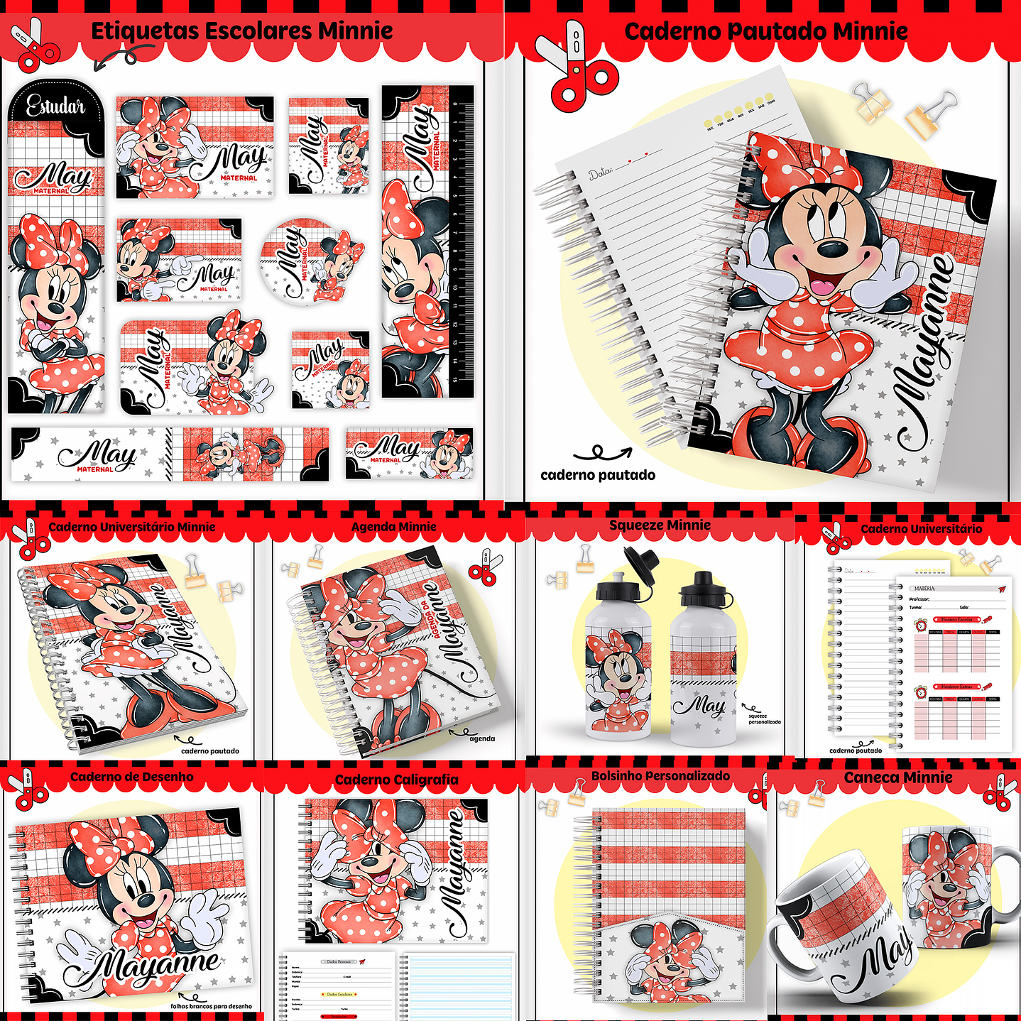 Kit Digital Encadernação Minnie Vermelha- Volta às Aulas 1