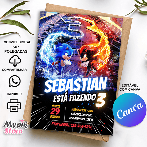 Convite Digital Sonic 3 - Editável com Canva