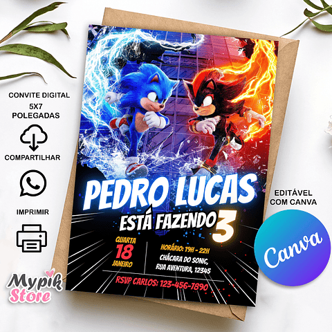 Convite Digital Sonic 3 - Editável com Canva 