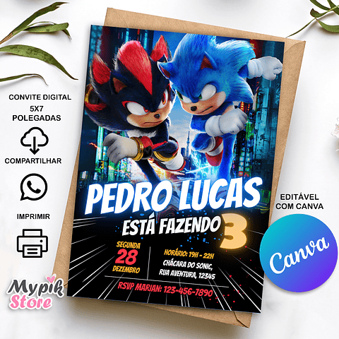 Convite Digital Sonic 3 - Editável com Canva 