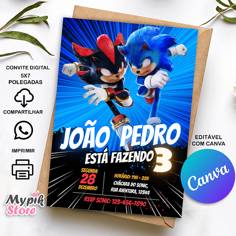 Convite Digital Sonic 3 - Editável com Canva  