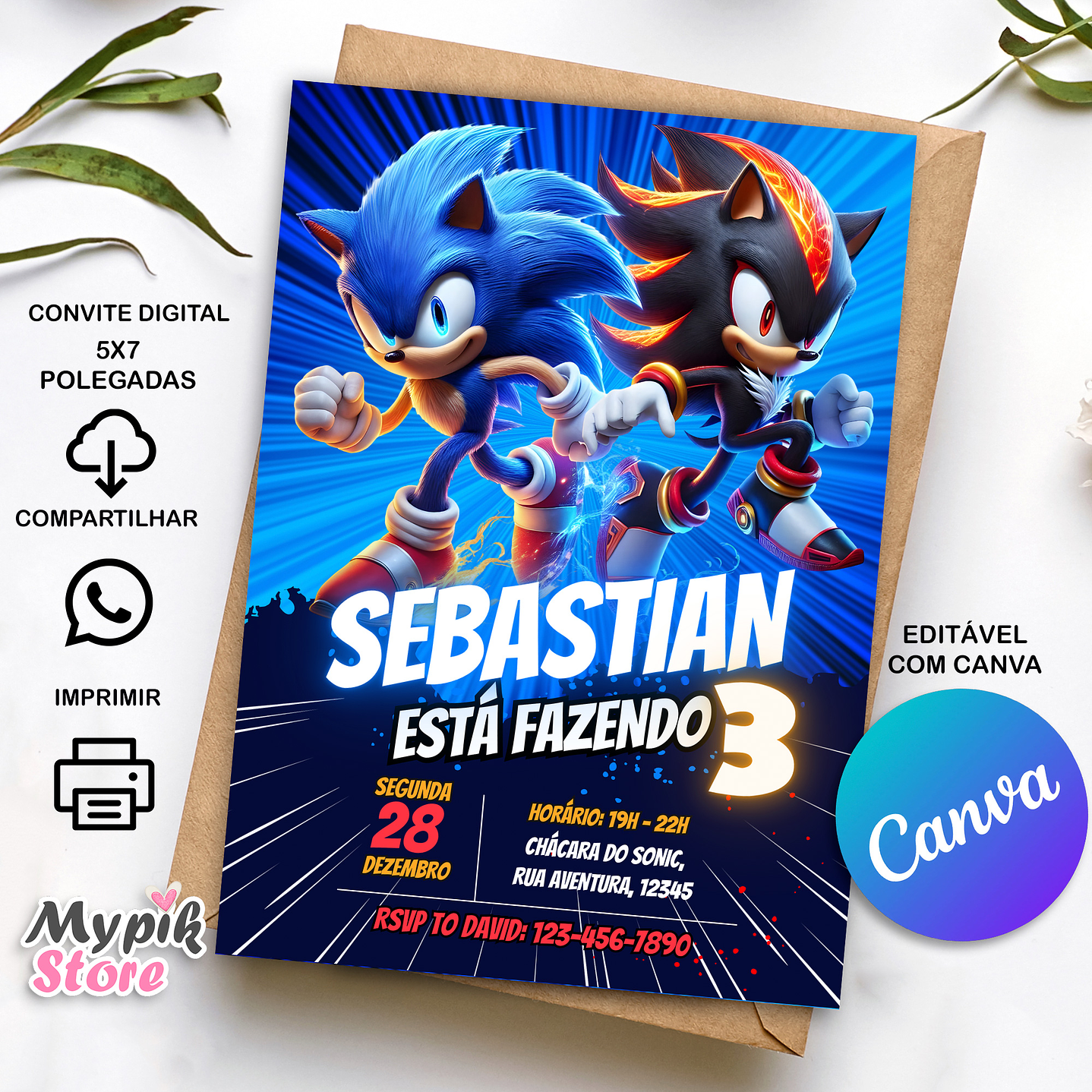 Convite Digital Sonic - Editável com Canva  