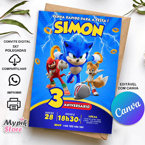 Convite Digital Sonic - Editável com Canva  